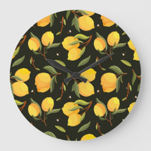 Grande Horloge Ronde Illustration de citron : motif transparent peint à