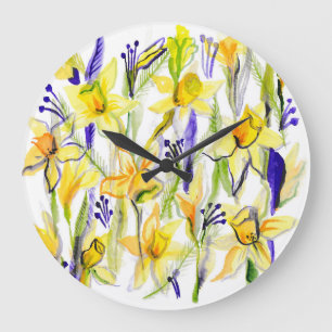 Grande Horloge Ronde Illustration de l'aquarelle des jonquilles jaunes