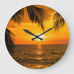 Grande Horloge Ronde Illustration de palmier couché de soleil sur la pl