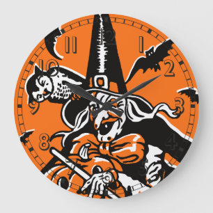 Grande Horloge Ronde Illustration Vintage de la sorcière d'Halloween e
