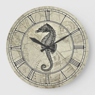 Grande Horloge Ronde Illustration vintage d'hippocampe