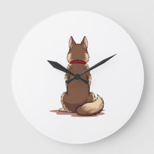 Grande Horloge Ronde Illustration vintage d'un chien husky vu de dos Br