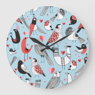 Grande Horloge Ronde Illustrations amusantes d'oiseaux, graphisme sans