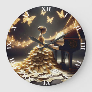 Grande Horloge Ronde Imaginaire fille mignonne Jouer Piano