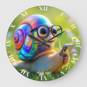 Grande Horloge Ronde Imaginaire Mignonne escargots Fleurs de téléphone