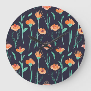 Grande Horloge Ronde Imaginaire Orange Fleurs : Aquarelle Motif foncé.