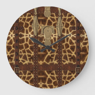 Grande Horloge Ronde Impression d'animal de girafe tribal en cuir vinta