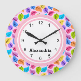 Grande Horloge Ronde Impression de feuille rose pâle