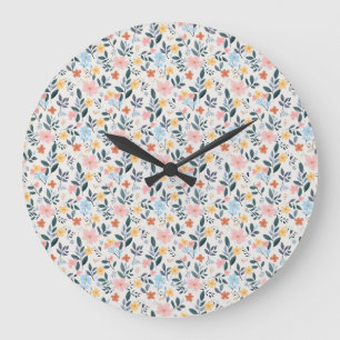 Grande Horloge Ronde Imprimé de fleurs rose bleu doux Ditsy