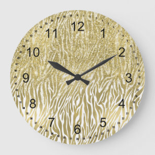 Grande Horloge Ronde Imprimé zèbre à paillettes dorées fausses