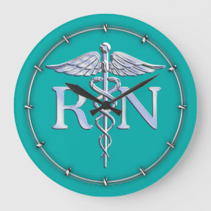Grande Horloge Ronde Infirmière inscrite RN Silver Caduceus sur Turquo