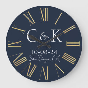 Grande Horloge Ronde Initiales de monogramme Mariage Bleu Nuit