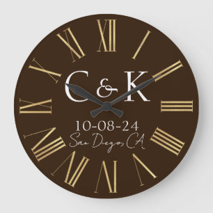 Grande Horloge Ronde Initiales Monogrammes sur Mariage Brown au chocola