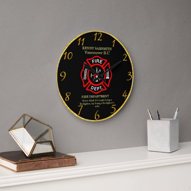 Grande Horloge Ronde Insigne noir et rouge du pompier (Bureau)