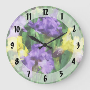 Grande Horloge Ronde Iris jaunes et pourpres