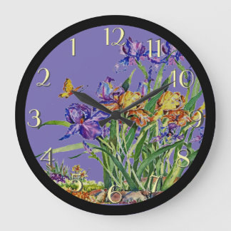 Grande Horloge Ronde Irises sauvages dans l'aquarelle