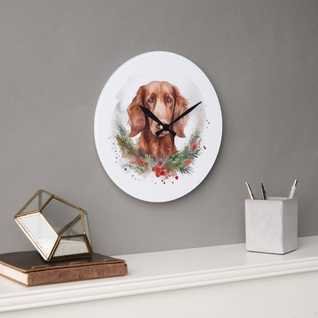 Grande Horloge Ronde Irlandais Red Setter Festive Wreath Pup (Bureau)