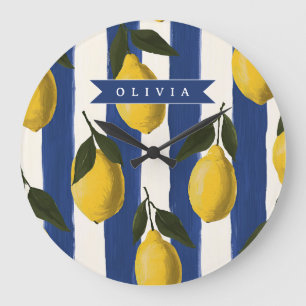 Grande Horloge Ronde Italien personnalisé à rayures de citron côtier