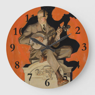 Grande Horloge Ronde J.C. Leyendecker Joueur de banjo 1920 Art déco Art