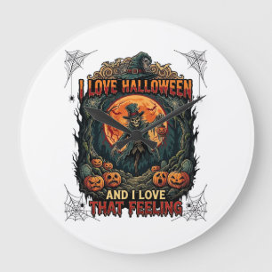 Grande Horloge Ronde J'aime Halloween Squelette Épouvantail Pleine Lune