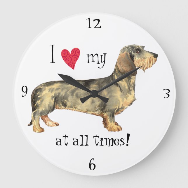 Grande Horloge Ronde J'aime mon Dachshund À poils durs (Recto)