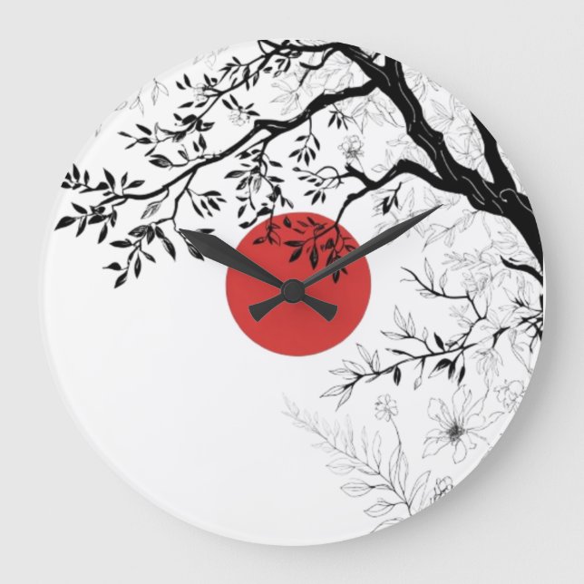 Grande Horloge Ronde Japanese Red Sun & Brush Tree Art (Recto)