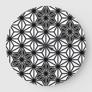 Grande Horloge Ronde Japonais Asanoha motif - blanc et noir
