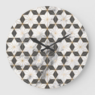 Grande Horloge Ronde Japonais Asanoha : Motif en marbre d'or.