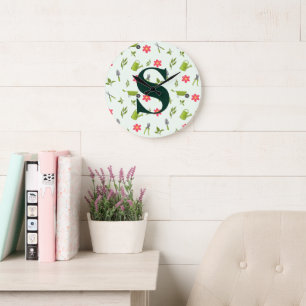 Grande Horloge Ronde Jardin de monogramme vert personnalisé