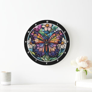 Grande Horloge Ronde Jardin de verre tendu" - Papillon & Floral