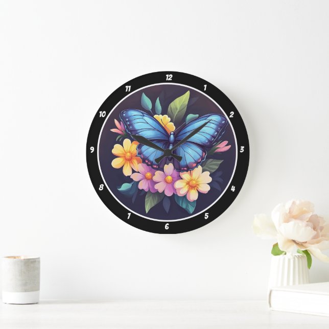 Grande Horloge Ronde Jardin enchanté" - Papillon bleu & Floral (Maison)