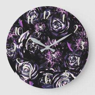 Grande Horloge Ronde Jardin foncé Vis mauve Fleurs de Glam