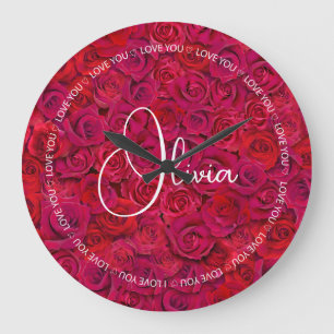 Grande Horloge Ronde Je t'aime Nom personnalisé Roses rouges Amour