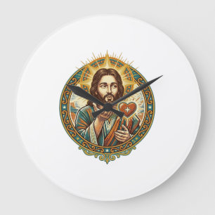 Grande Horloge Ronde Jésus envoie un baiser Cœur rouge Bouton J'aime Hu