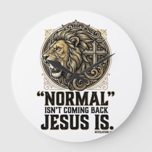 Grande Horloge Ronde Jésus Revient Croix Lion Chemise Chrétienne