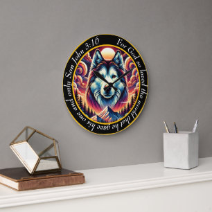 Grande Horloge Ronde John 3:16 Foi chrétienne Husky Chien