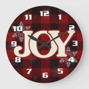 Grande Horloge Ronde JOIE de Noël Élégant carreau rouge de bison
