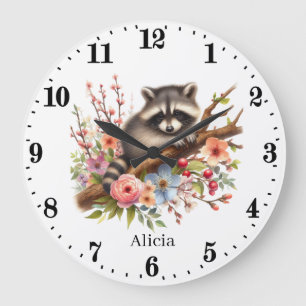 Grande Horloge Ronde Joli bébé raccoon ajouter nom filles pépinière