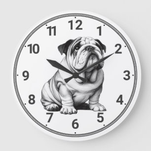 Grande Horloge Ronde Joli croquis de bulldog noir et blanc