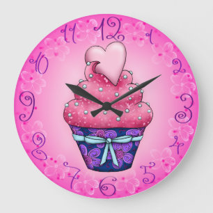 Grande Horloge Ronde Joli cupcake rose avec coeur