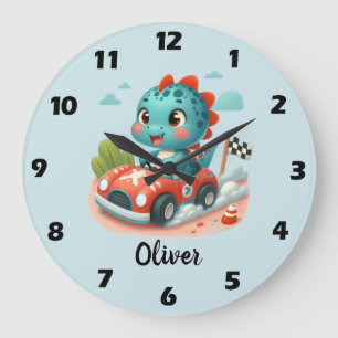 Grande Horloge Ronde Joli Dino Pilote Conduisant une Voiture Rapide