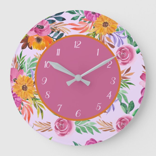 Grande Horloge Ronde Joli Floral Rose Orange Fleur Jaune (Recto)