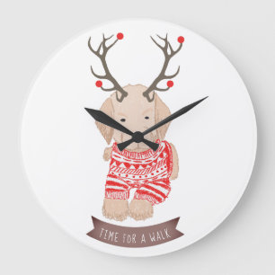 Grande Horloge Ronde Joli Golden Retriever Chiot Antlers de Noël