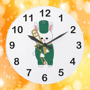 Grande Horloge Ronde Joli lapin trombone vert or