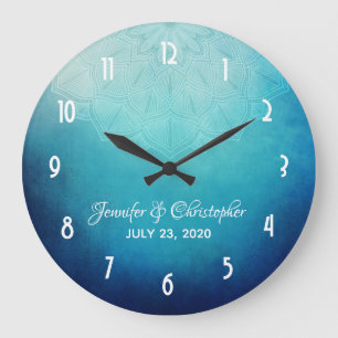 Grande Horloge Ronde Joli Mariage Abstrait Mandala bleu