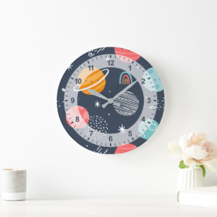 Grande Horloge Ronde Joli Motif Planète Souriante