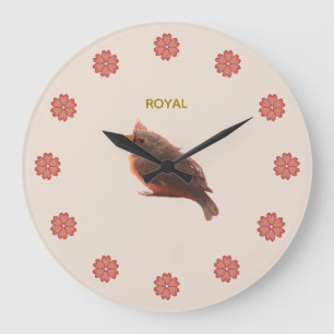 Grande Horloge Ronde Joli Petit Oiseau & Fleurs sur Beige