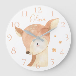 Grande Horloge Ronde Joli prénom de bébé cerf aquarelle personnalisé
