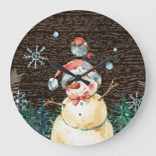 Grande Horloge Ronde Joli Snowman & Woodland Animaux Noël Mignonne