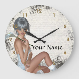 Grande Horloge Ronde Jolie fille et damas argent